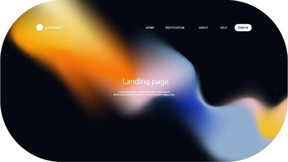 Maquette de landing page au design sombre avec formes colorées et menu minimaliste, semblable aux landing page réalisées pour SPECMOE