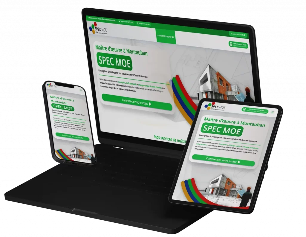 Visuel du site internet de SPECMOE sur tablette, pc et téléphone afin de mettre en valeur le travail du responsive du site web