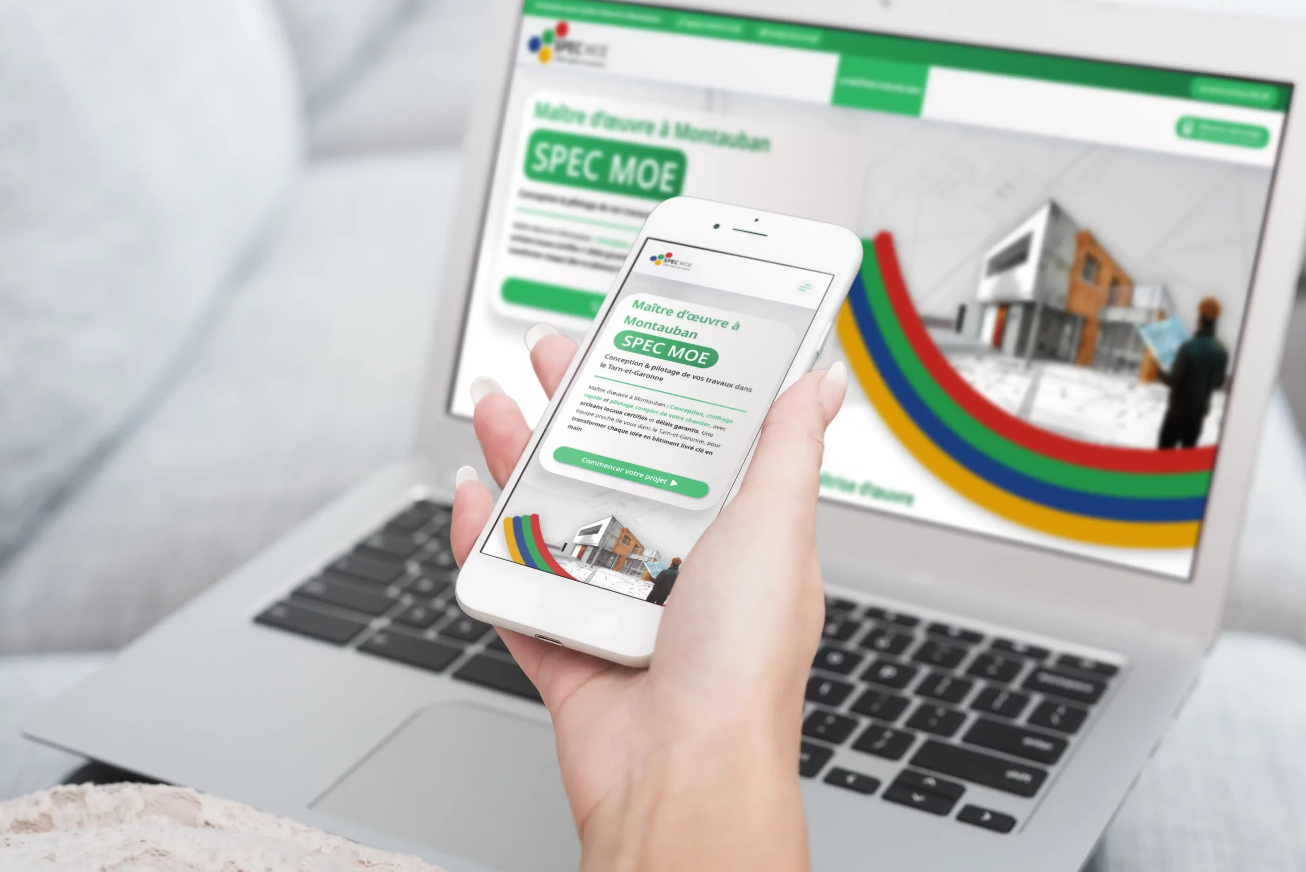 Visuel montrant un rendu du site internet SPECMOE responsive sur pc et téléphone