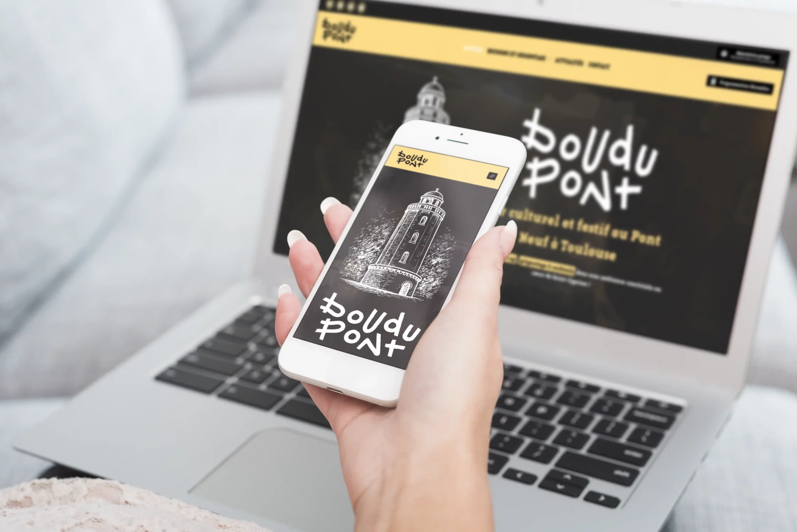 Mockup site internet du Boudu Pont , bar situé au quartier saint-cyprien à Toulouse - Réalisation du site par Terre Bleue marketing