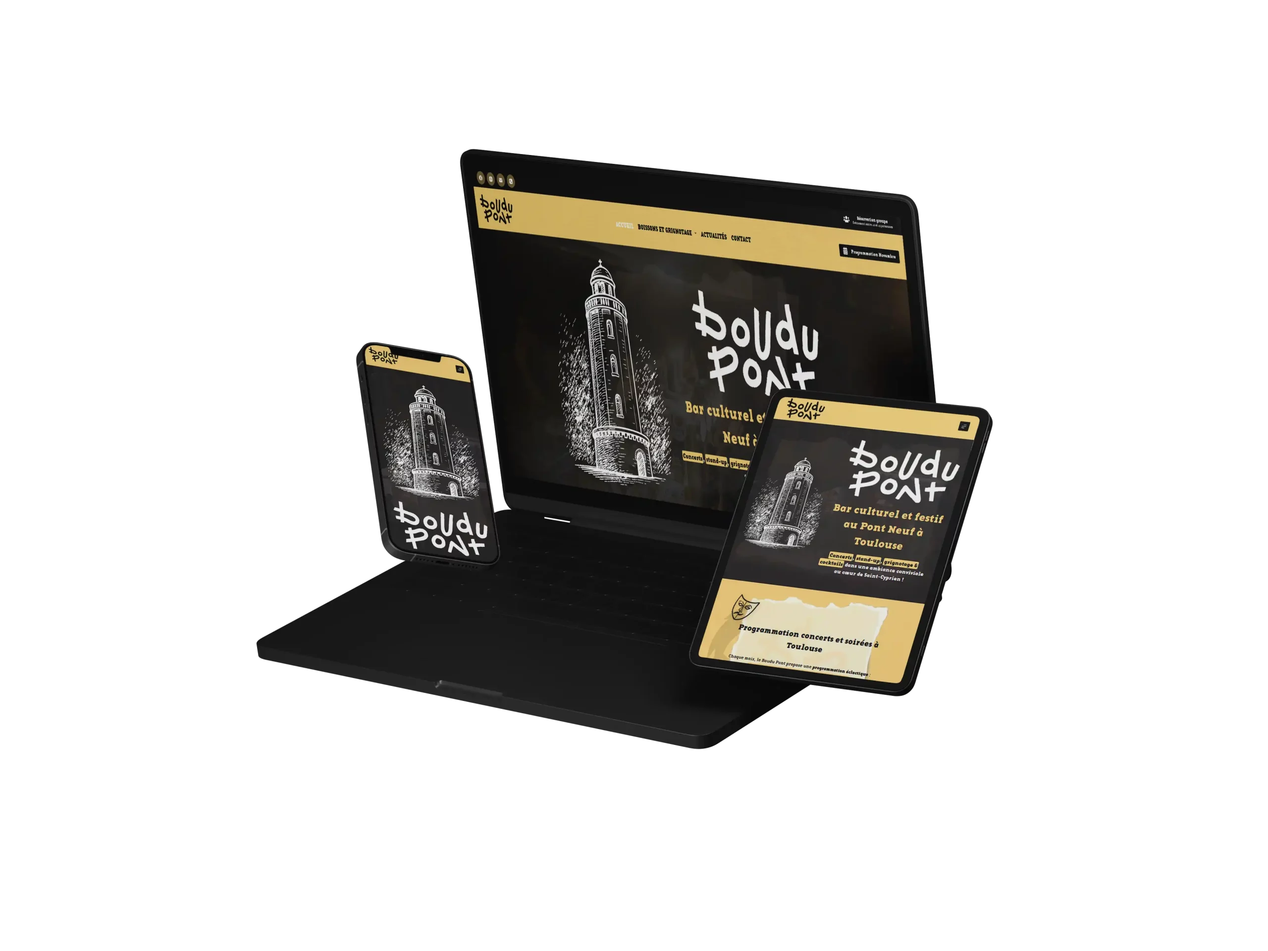 Mockup site internet téléphone, ordinateur et tablette du Boudupont - Accompagnement communication 360 de Terre bleue marketing à Toulouse