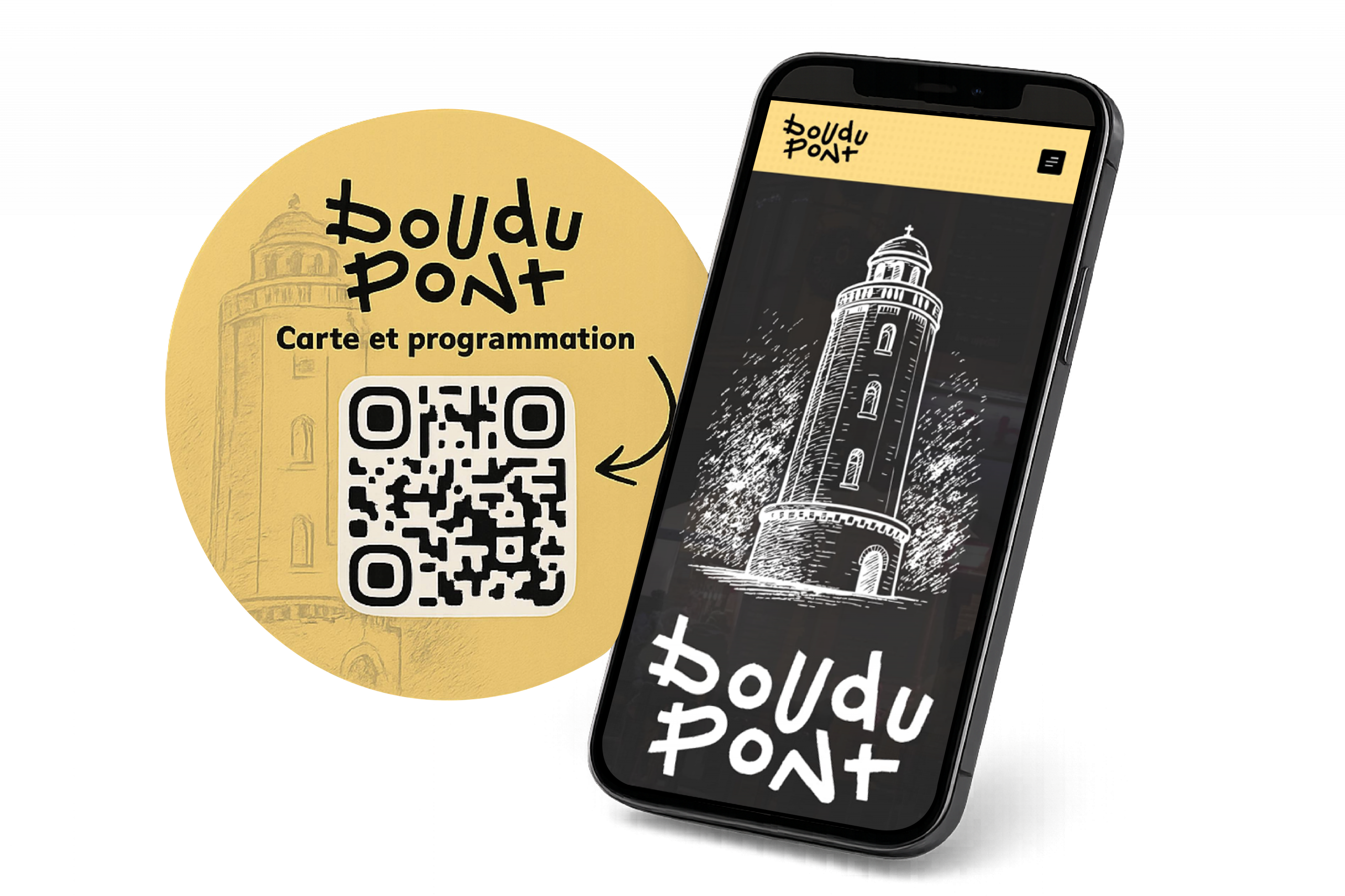 Mockup support PVC et site internet téléphone du Boudu Pont réalisé par l'agence de communication Toulousaine Terre Bleue Marketing