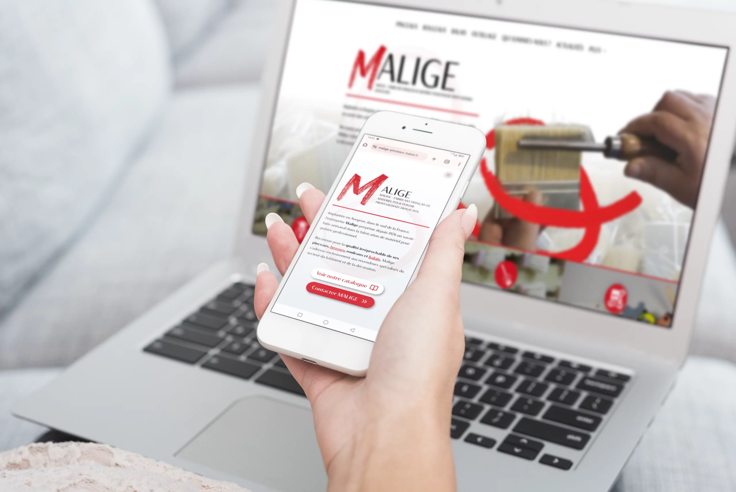 mockup pc et téléphone du site web de Malige réalisé par l'agence Terre Bleue Marketing Mockup responsive en format pc et téléphone du site web Malige