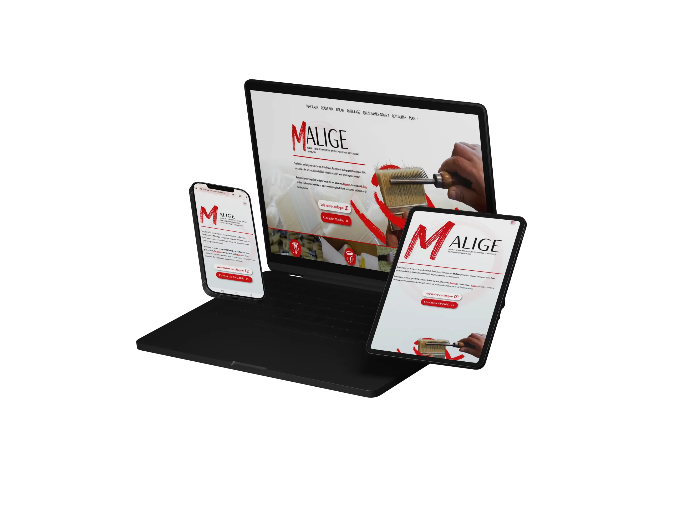 mockup 3 supports du site internet de Malige créé par l'agence de communication Terre Bleue Marketing Mockup 3 formats : tablette, pc et téléphone. Tous ces formats sont responsive