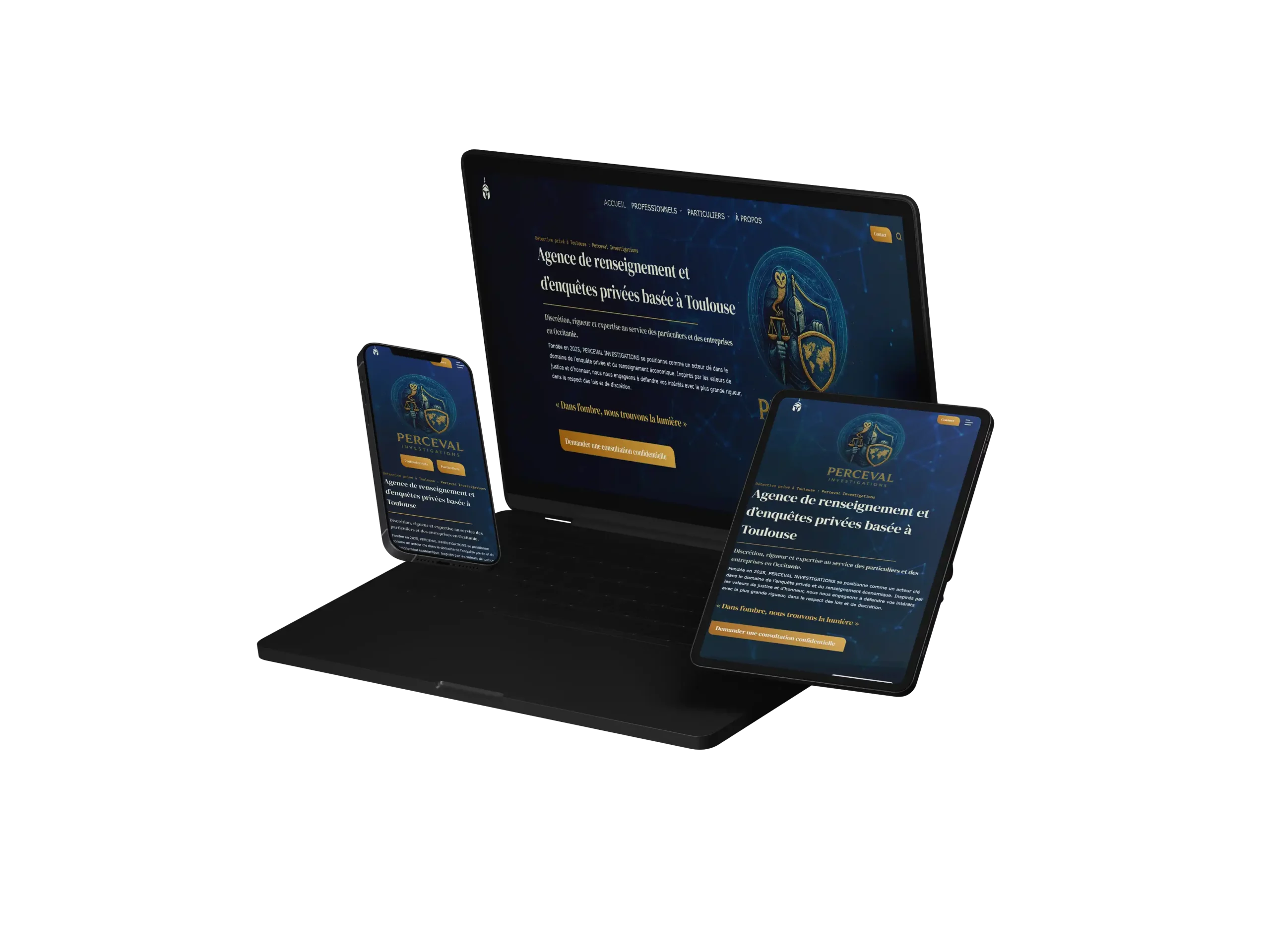 Mockup mettant en valeur le responsive du site internet sur support téléphone, pc et tablette