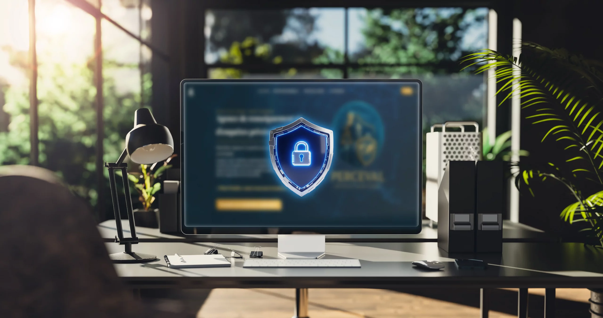 Mockup du site internet sur pc avec un icône de bouclier afin de rappeler la sécurité mise en place grâce à la maintenance