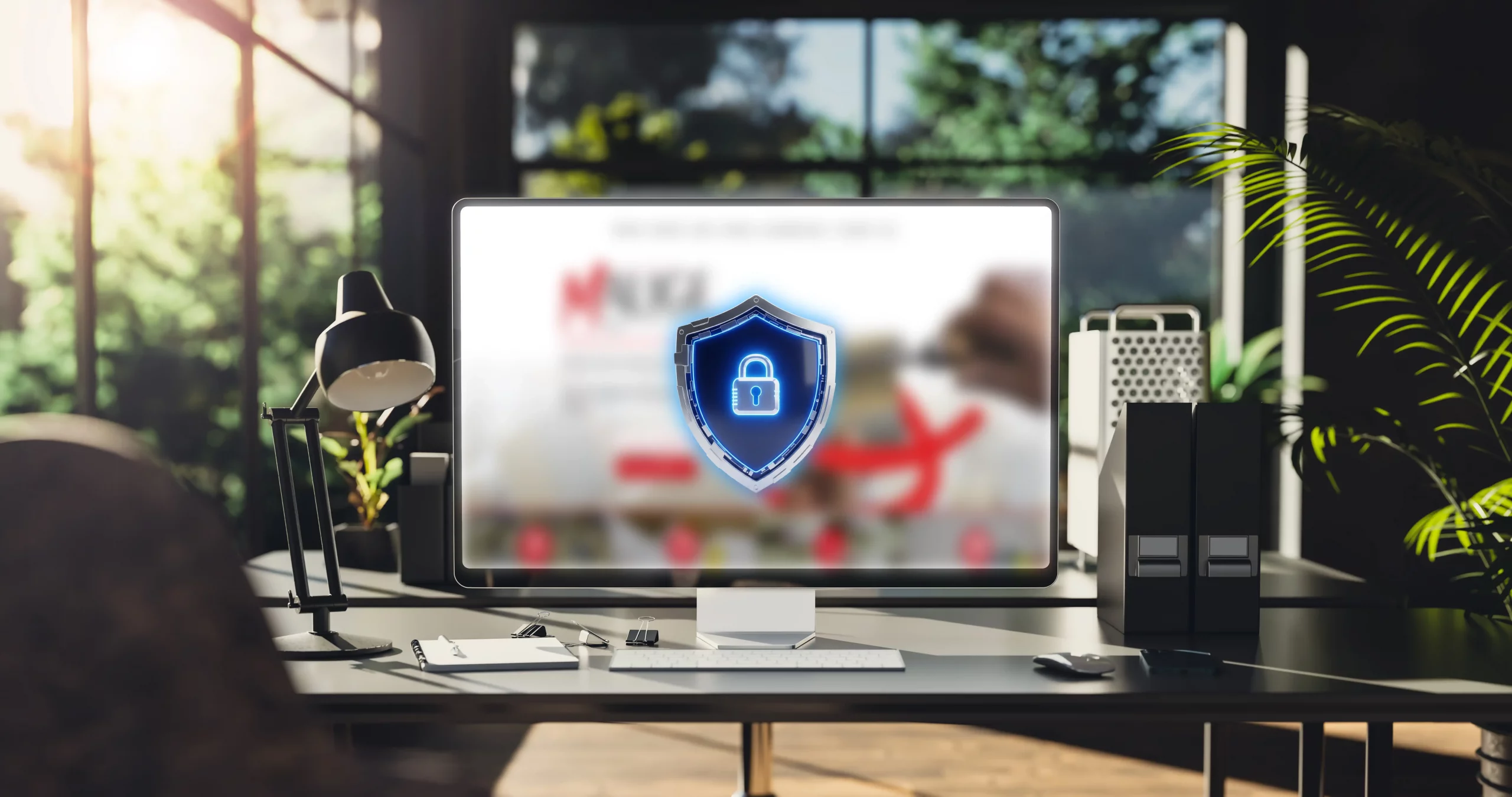 Mockup bouclier maintenance Ecran d'accueil du site Malige avec un bouclier mettant en valeur la maintenance web et la sécurité que nous offrons avec les services Terre Bleue Marketing