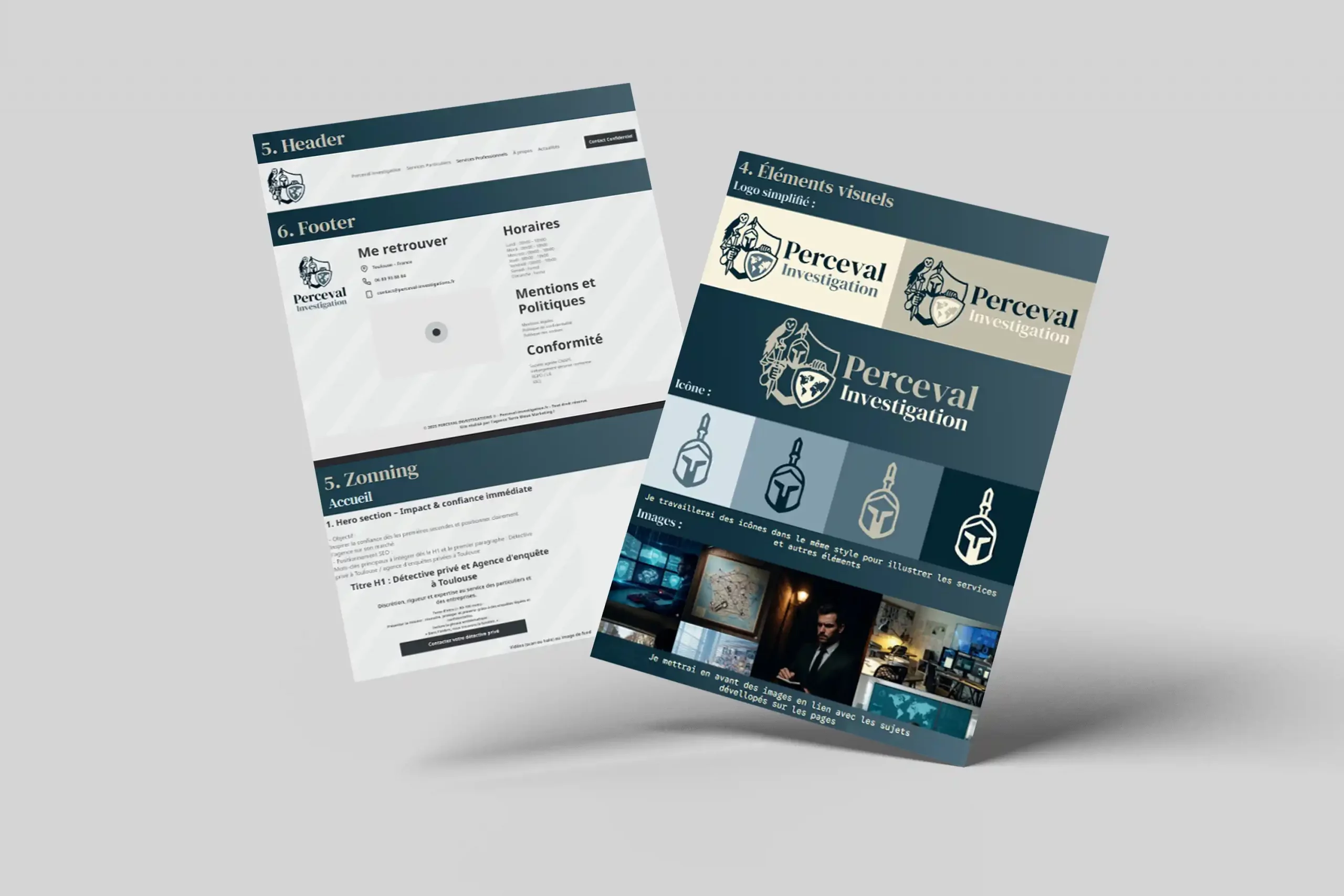 Visuel des deux premières pages du cahier des charges réalisé pour Perceval Investigations