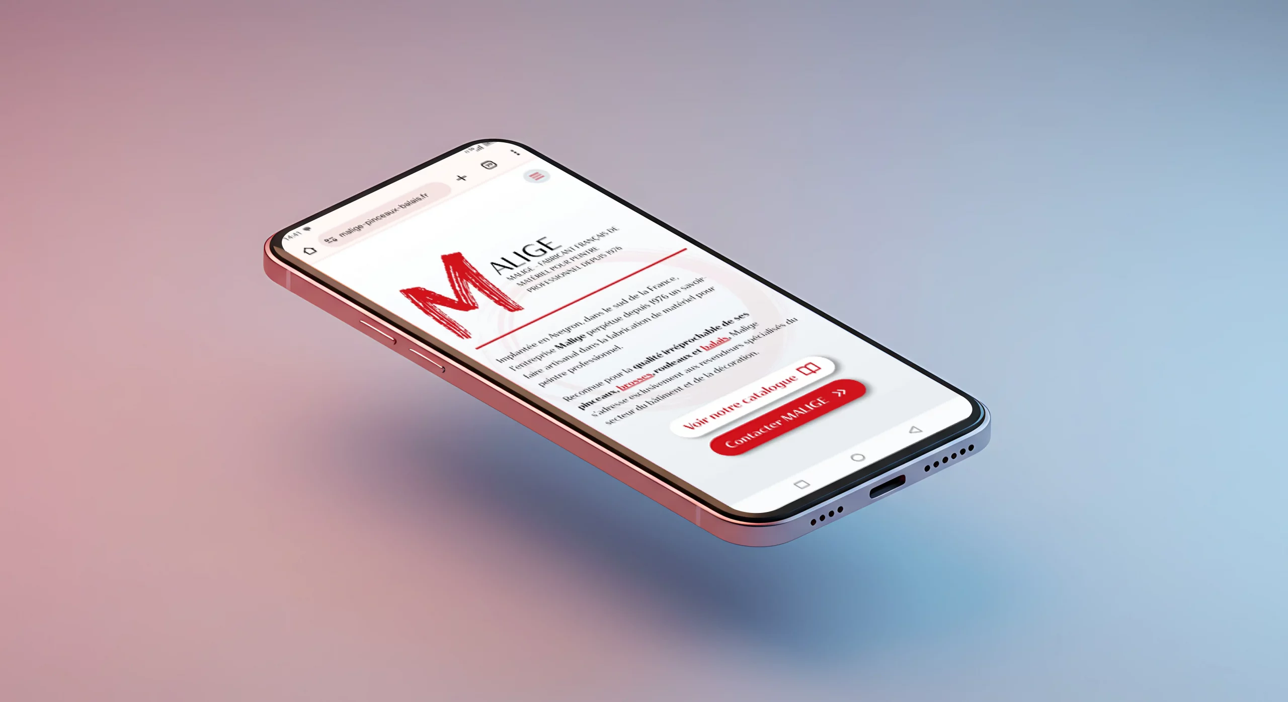 mockup téléphone Malige Mockup d'un smartphone qui lévite, mettant en valeur la page d'accueil du site web