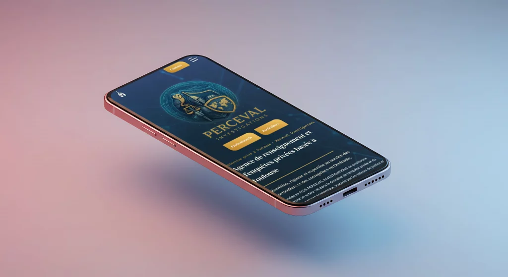 Mockup de la page d'accueil de Perceval Investigations sur téléphone