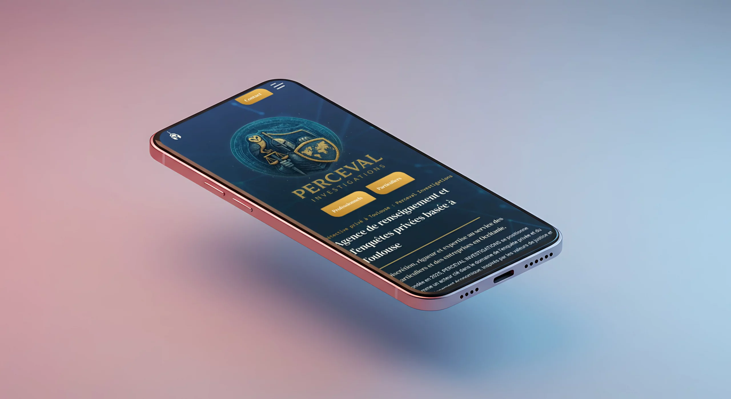Mockup de la page d'accueil de Perceval Investigations sur téléphone
