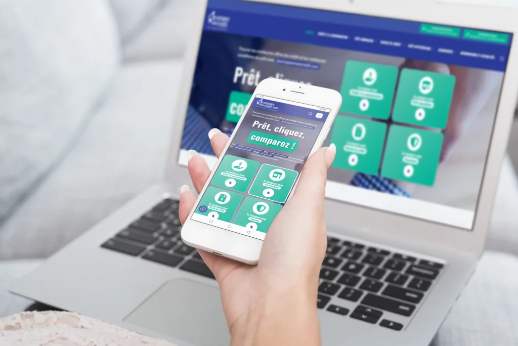 Mockup-pc-et-tel-Occitalease Affichage responsive du site Je Compare Mon Crédit sur smartphone et ordinateur portable.