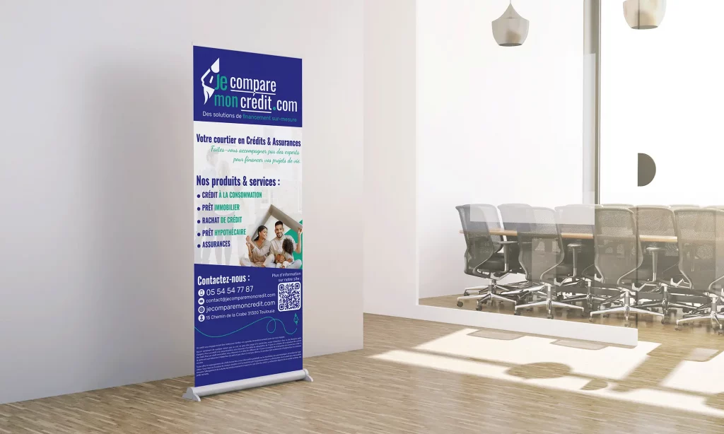 Roll-up Je Compare Mon Crédit conçu pour la communication print et la visibilité lors d’événements professionnels.
