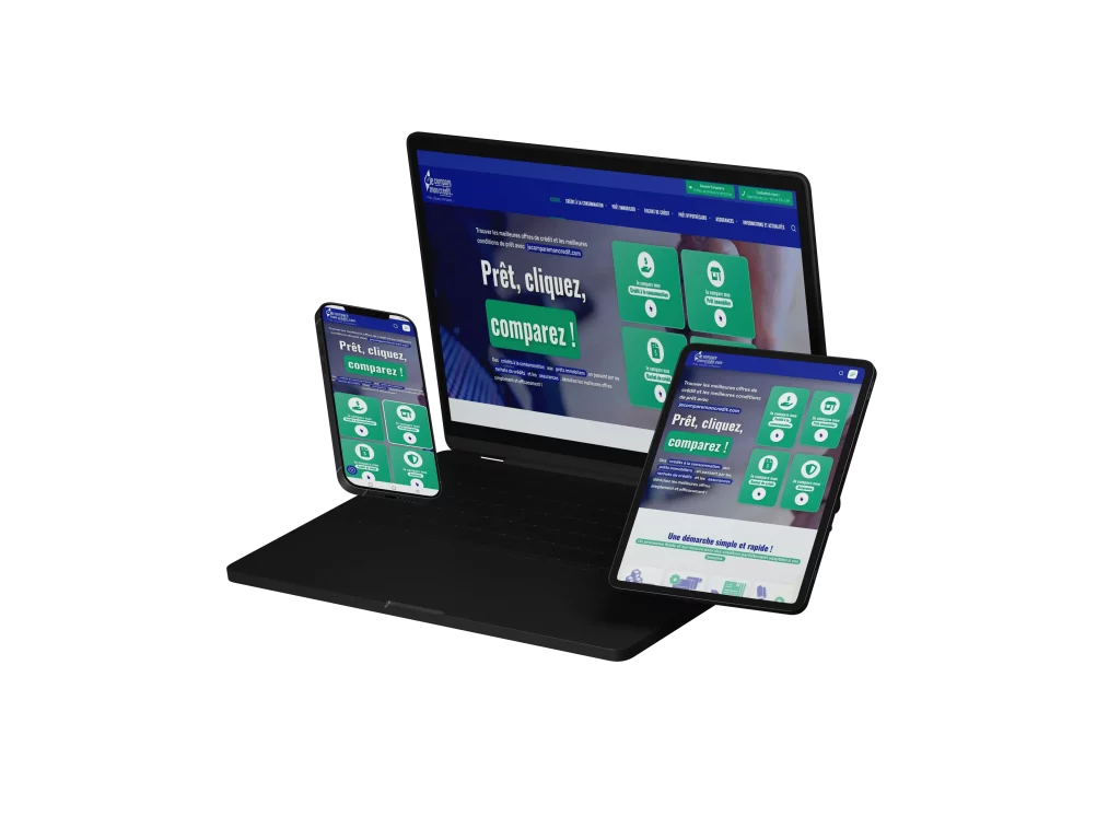 mockup 3 supports du site internet de Malige créé par l'agence de communication Terre Bleue Marketing Affichage responsive du site Je Compare Mon Crédit sur trois formats d’écran : smartphone, tablette et ordinateur portable.
