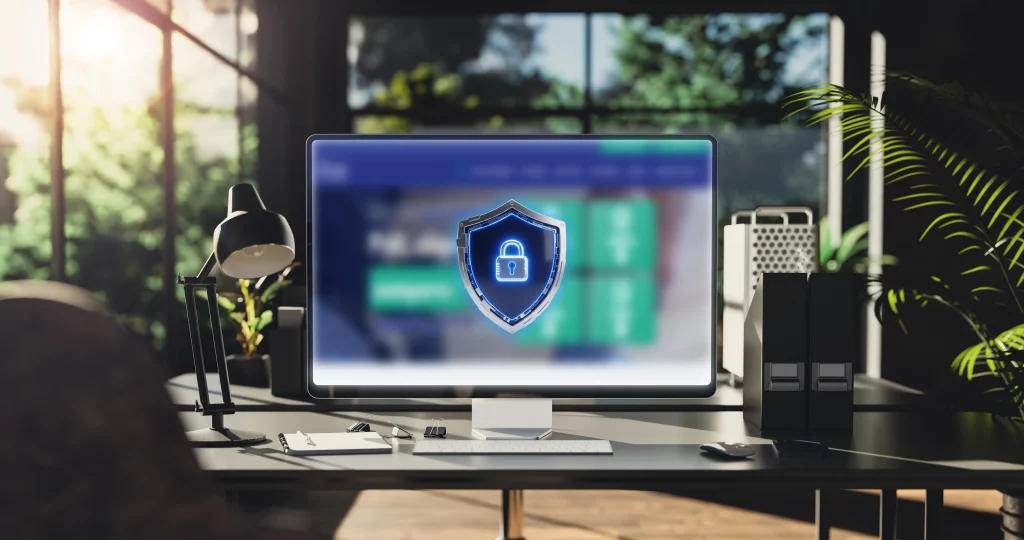 Sécurisation du site Occitalease Consulting Illustration de la maintenance et de la sécurisation d’un site web avec un écran affichant un symbole de protection.