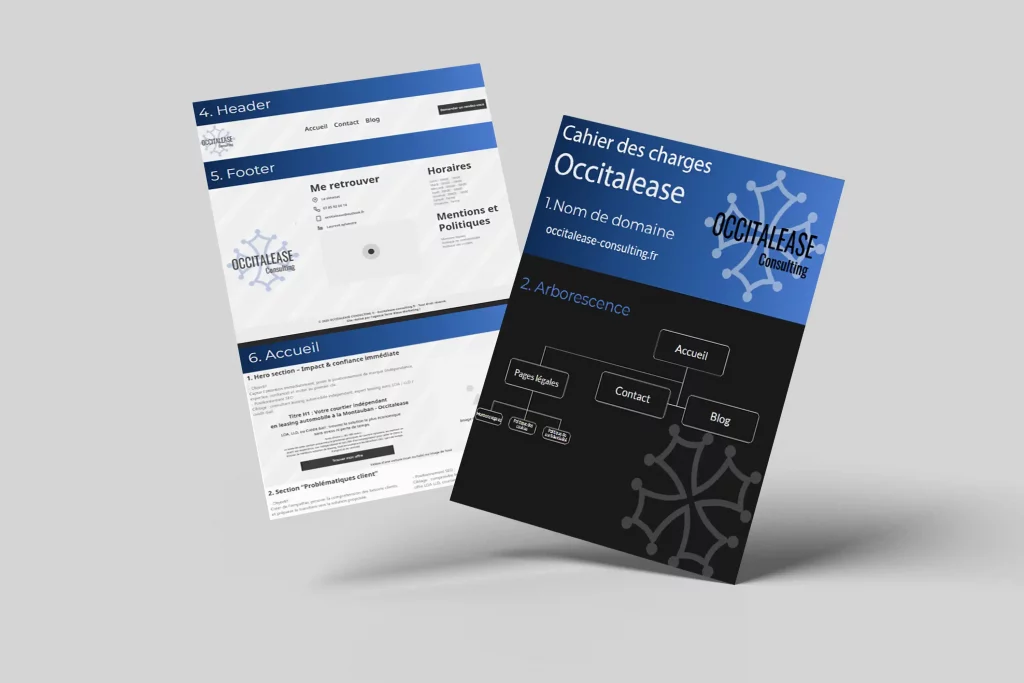 mockup-cahier-des-charges-Occitalease Mockup du cahier des charges du site Occitalease Consulting présentant l’arborescence et la structure du site