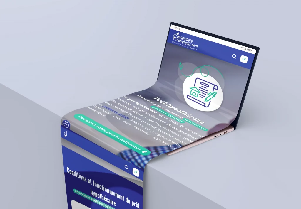 mockup-cahier-des-charges-Occitalease Mockup présentant les pages principales du site Je Compare Mon Crédit avec les sections prêt immobilier et conditions de prêt.