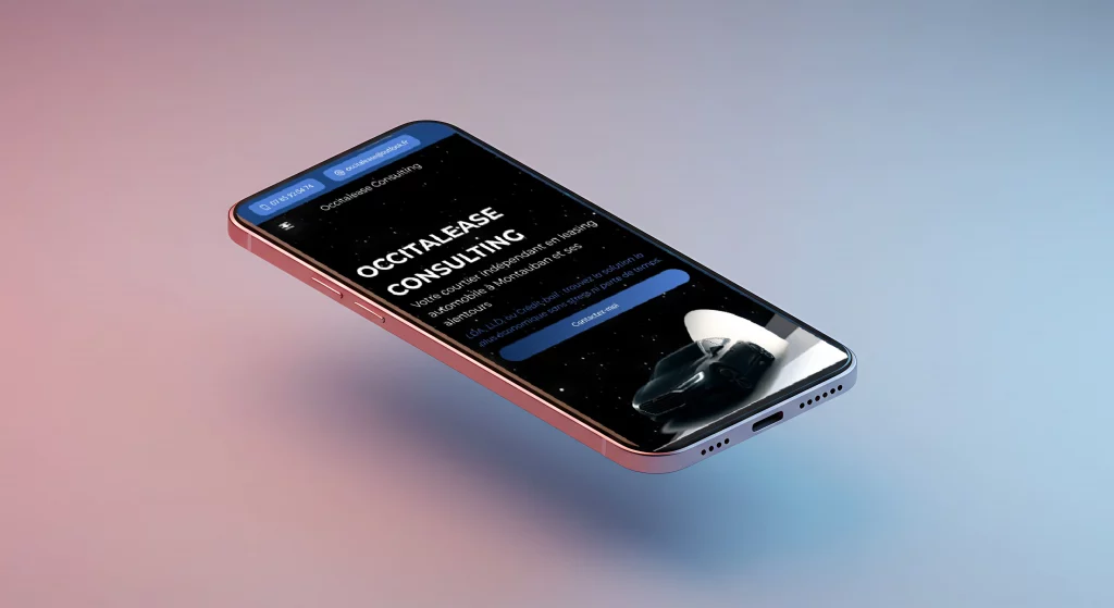 Mockup téléphone Occitalease Version responsive du site WordPress Occitalease Consulting sur écran mobile
