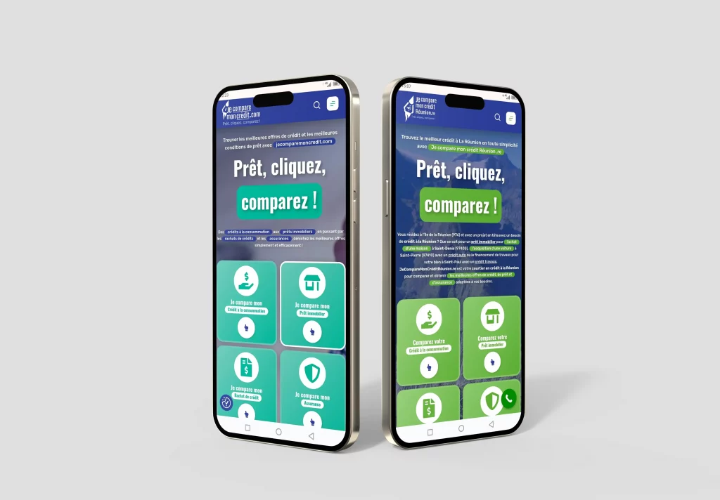 Mockup téléphone Occitalease Comparaison de l’affichage mobile des sites Je Compare Mon Crédit en version .com et .re, adaptés à deux territoires.