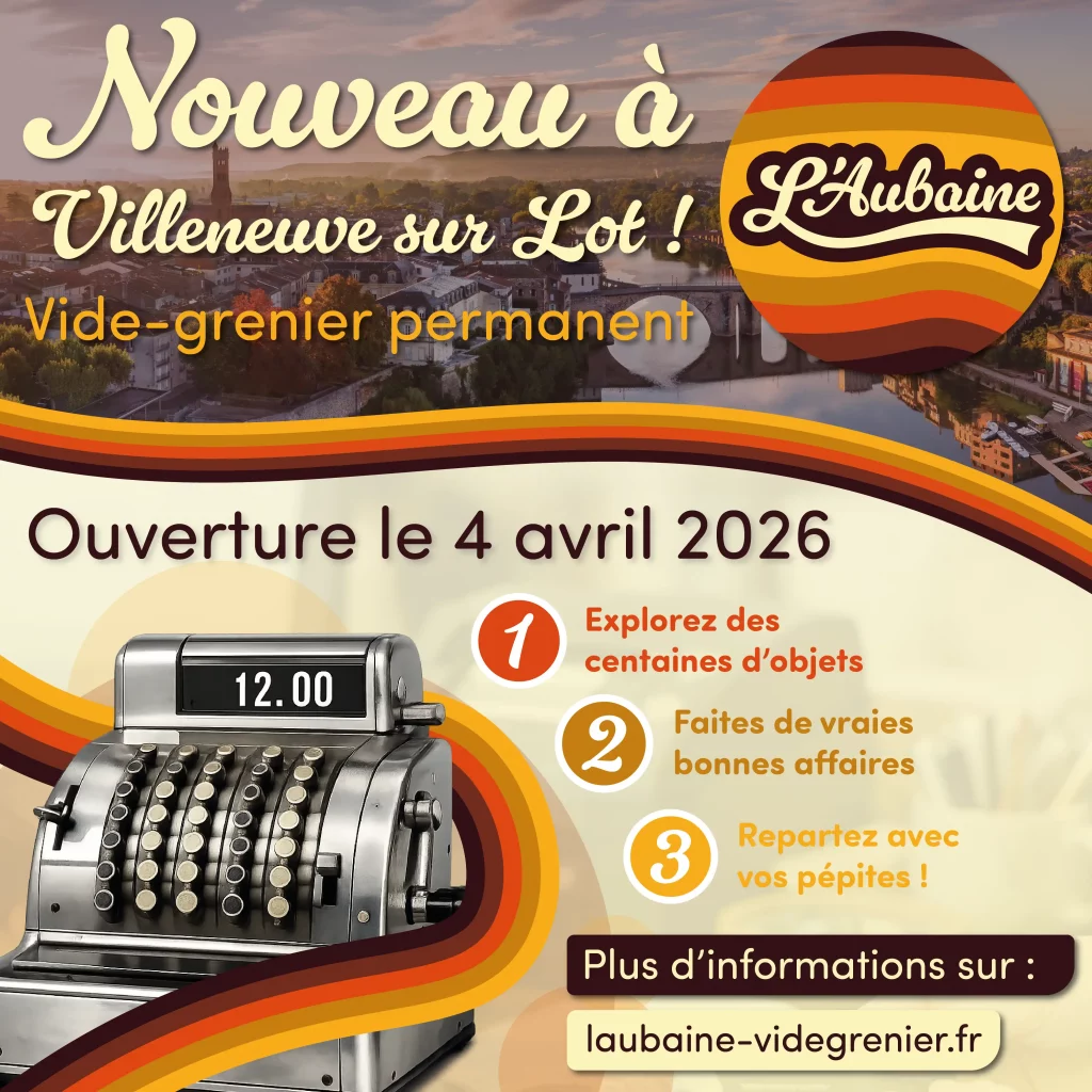 Visuel campagne Meta Ads L'Aubaine pour l'annonce d'ouverture aux acheteurs — vide-grenier permanent Villeneuve-sur-Lot, créé par Terre Bleue