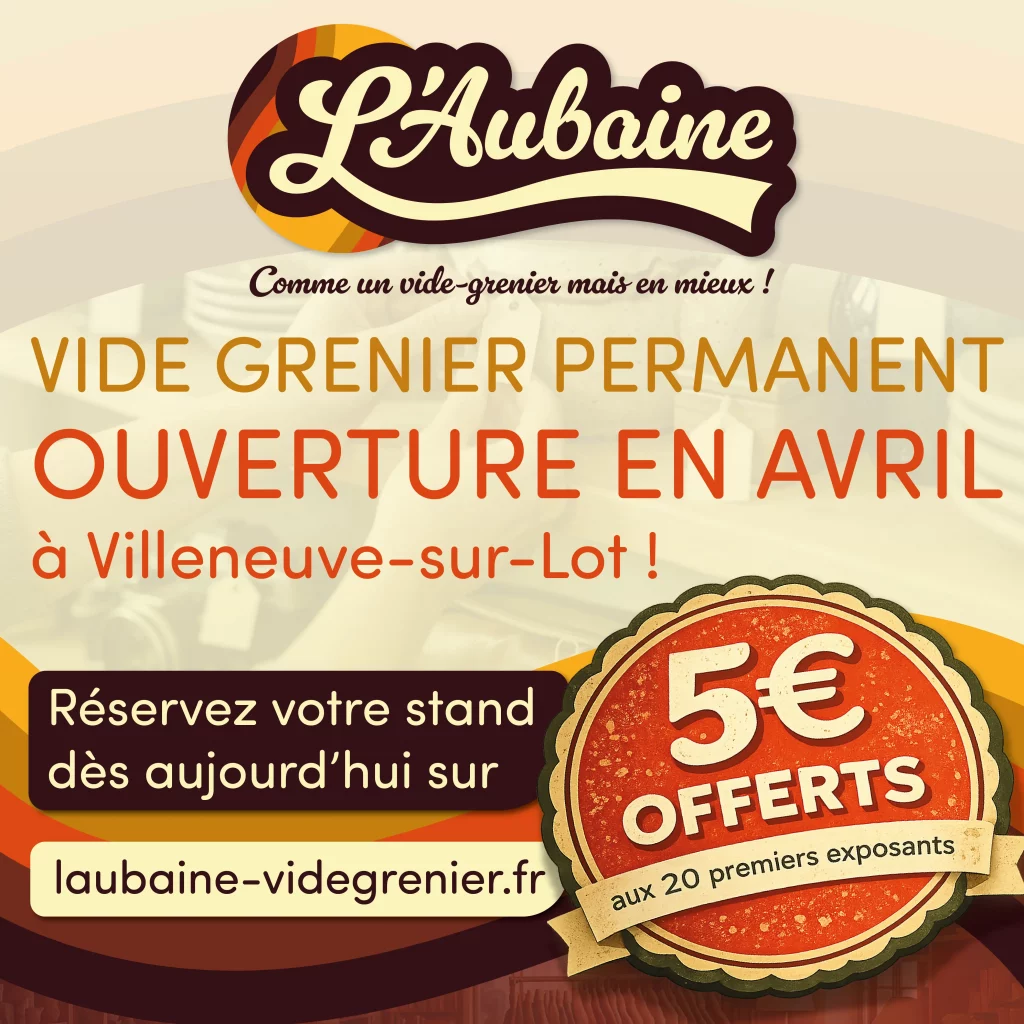 Visuel campagne Meta Ads L'Aubaine pour le recrutement de vendeurs — ouverture du vide-grenier permanent Villeneuve-sur-Lot, créé par Terre Bleue