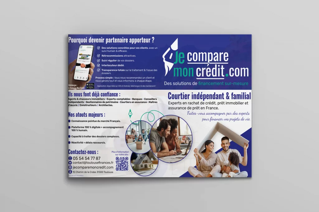 Dépliant Je Compare Mon Crédit présentant les services de courtage en crédit et assurances, conçu comme support print de communication.