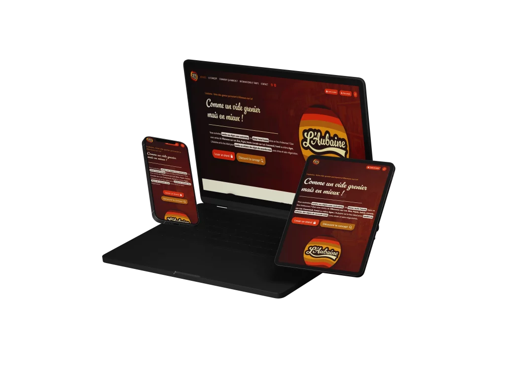 Site web responsive L'Aubaine — ordinateur, tablette et mobile Mockup responsive du site e-commerce L'Aubaine affiché sur ordinateur, tablette et mobile — vide-grenier permanent Villeneuve-sur-Lot, réalisé par Terre Bleue