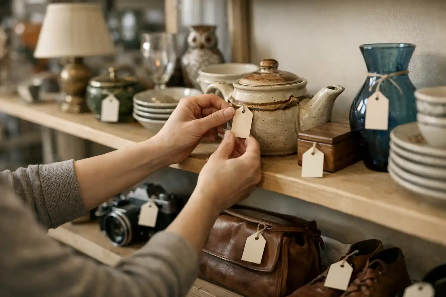 Objets d'occasion en vente — vide-grenier permanent Villeneuve-sur-Lot Personne étiquetant des objets d'occasion sur des étagères — ambiance vide-grenier permanent L'Aubaine à Villeneuve-sur-Lot